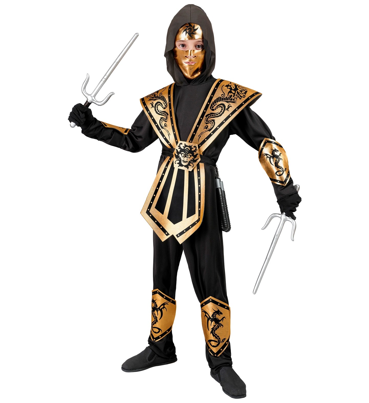 Costume Ninja Gold Bambino Completo con Cappuccio, Corazza e Maschera Morbida Samurai Katana