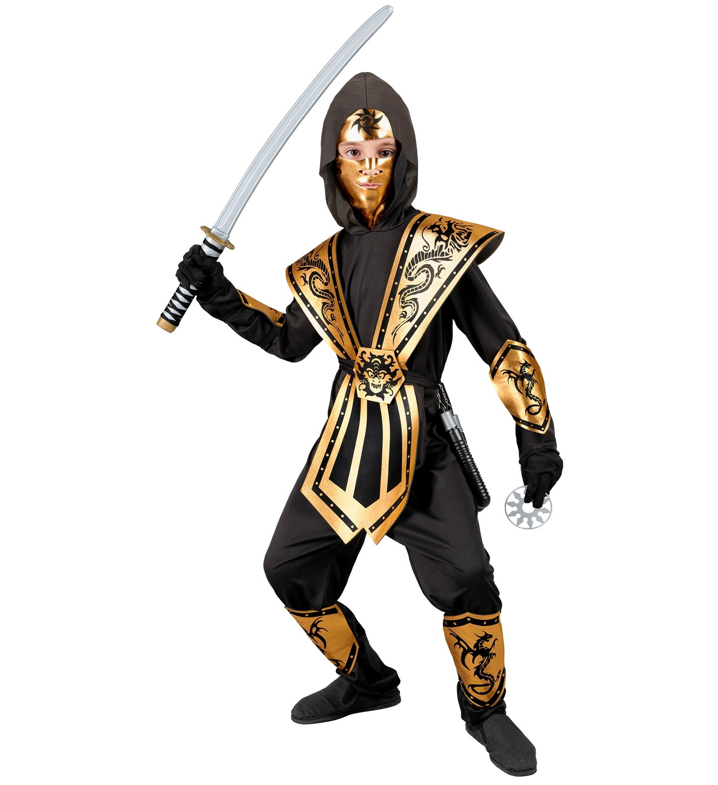 Costume Ninja Gold Bambino Completo con Cappuccio, Corazza e Maschera Morbida Samurai Katana