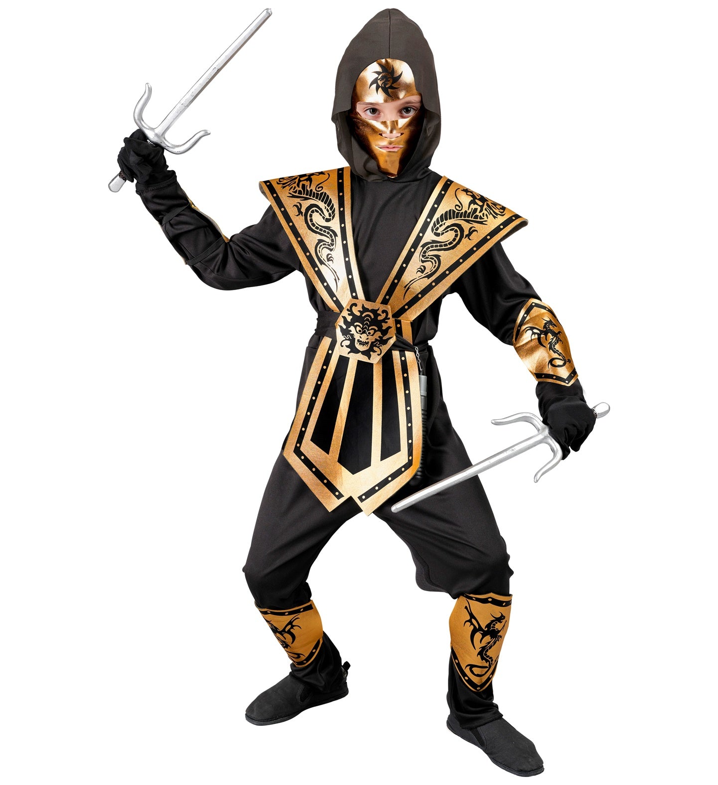 Costume Ninja Gold Bambino Completo con Cappuccio, Corazza e Maschera Morbida Samurai Katana