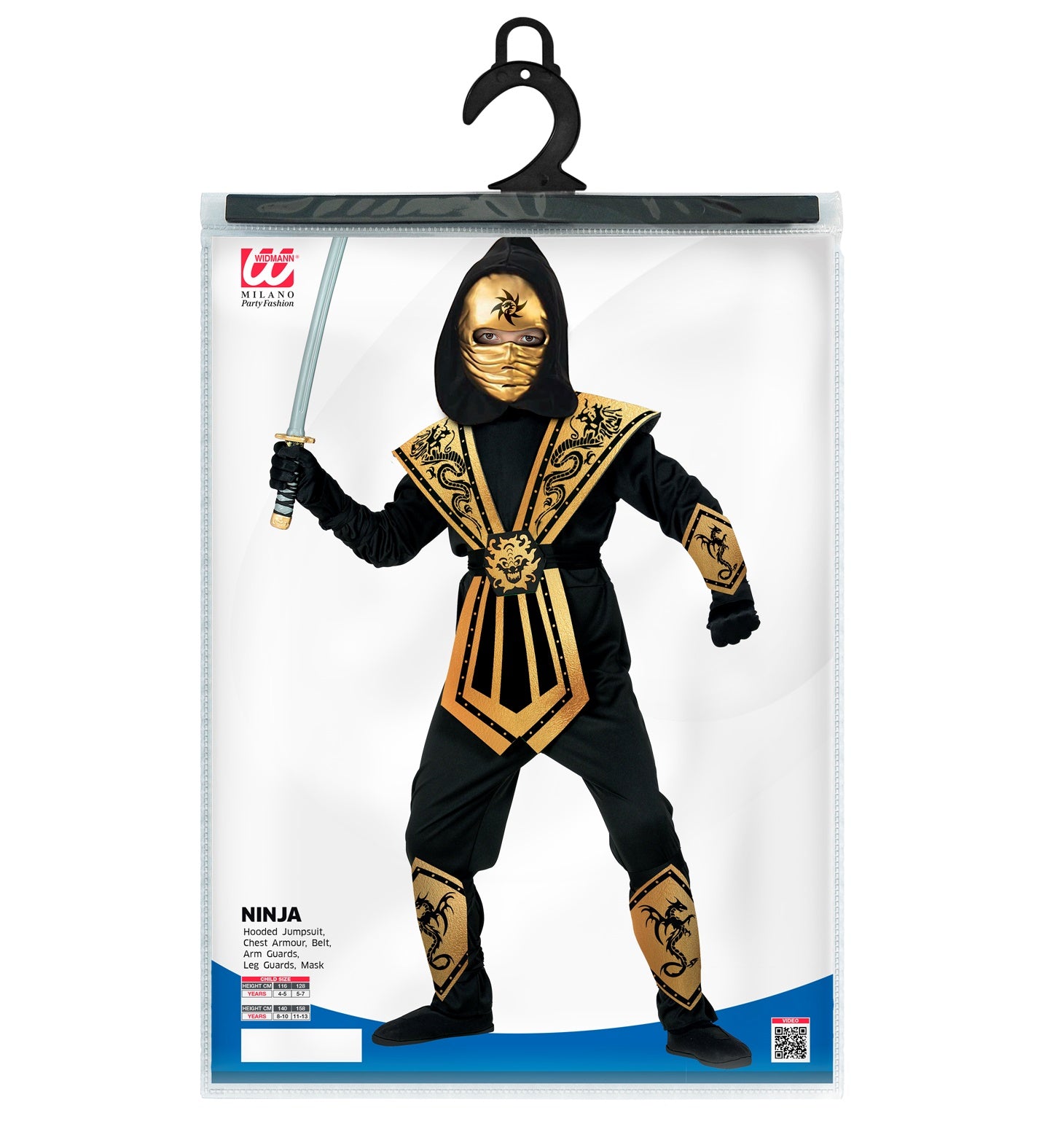 Costume Ninja Gold Bambino Completo con Cappuccio, Corazza e Maschera Morbida Samurai Katana