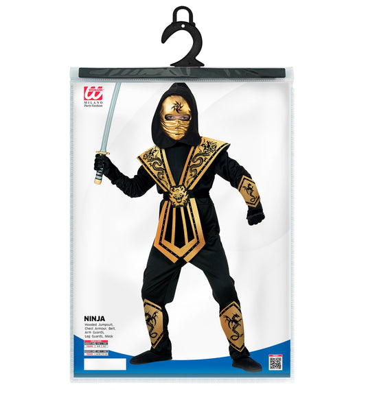 Costume Ninja Gold Bambino Completo con Cappuccio, Corazza e Maschera Morbida Samurai Katana