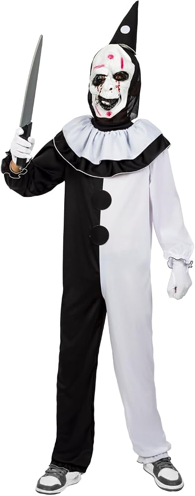 Costume Clown Malefico Art con Maschera e Cappello Tuta Pagliaccio Bambino Terrificante