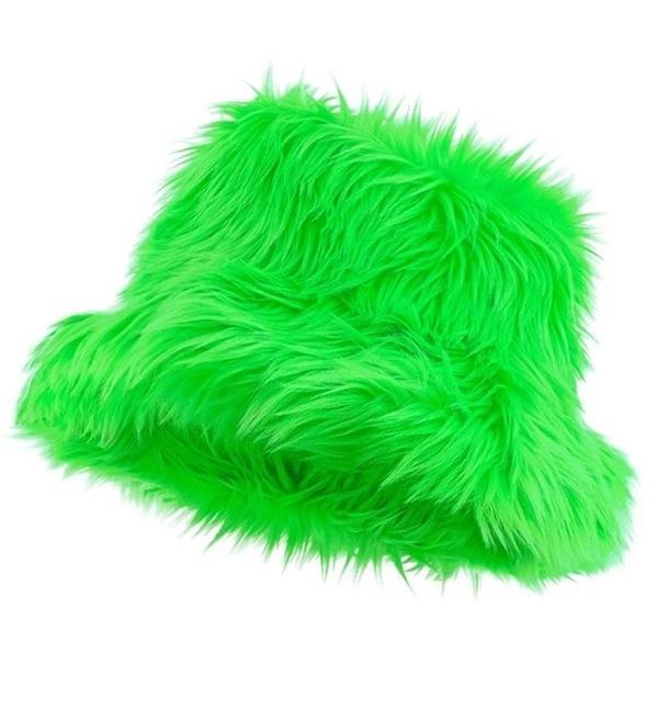 Cappello Pescatore Peluche Fluffy Secchiello con Visiera Verde Fluo Unisex