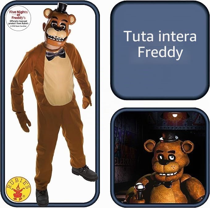 Costume Freddy Five Nights at Freddys con Tuta Intera Guanti e Maschera Rigida FNAF