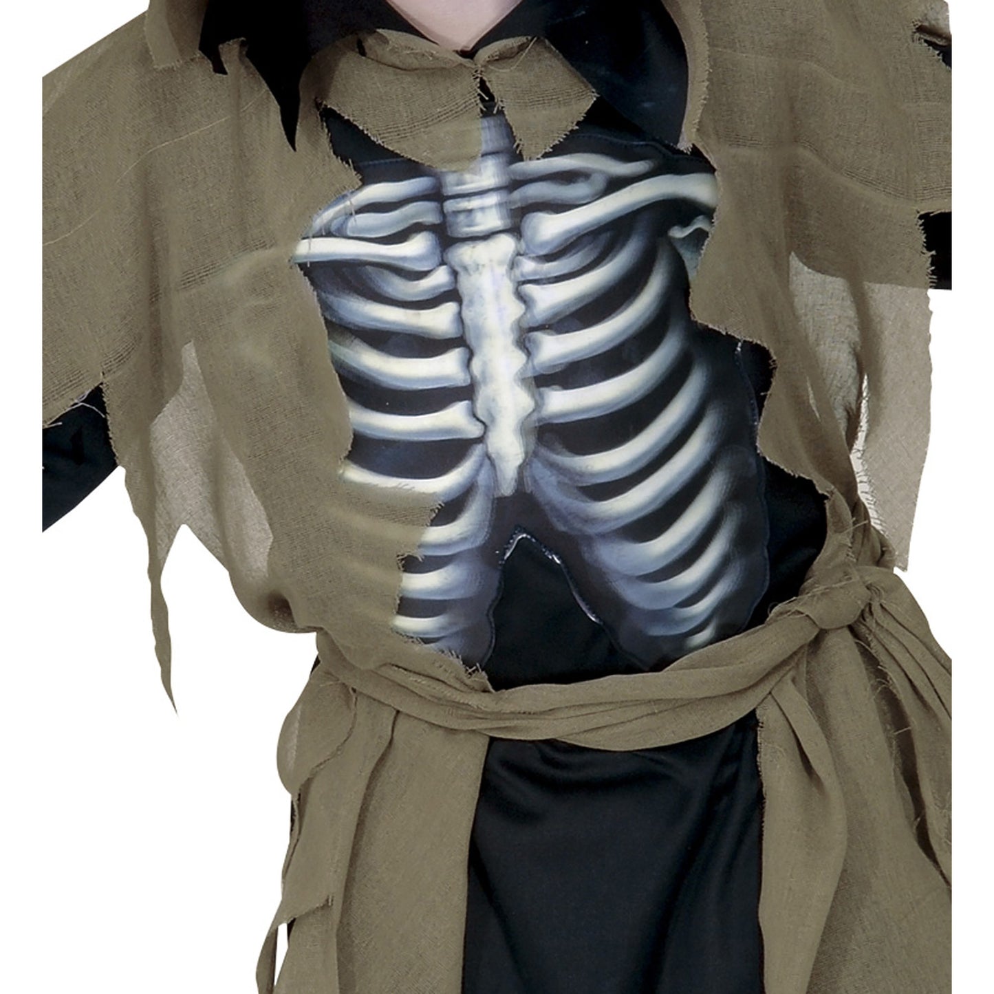 Costume Zombie con Tunica Cappuccio Cintura e Petto Olografico Scheletro Bambino Horror