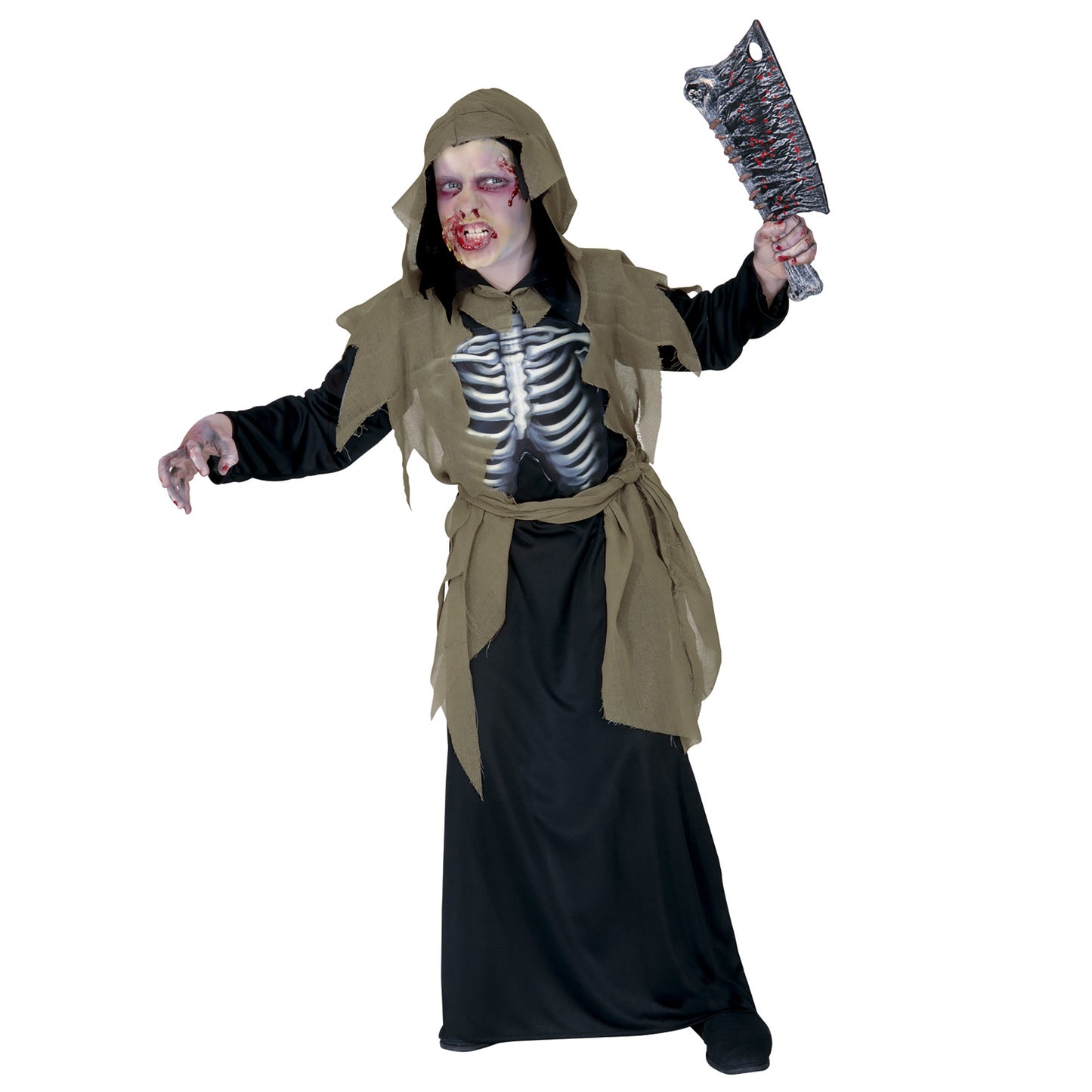 Costume Zombie con Tunica Cappuccio Cintura e Petto Olografico Scheletro Bambino Horror 1