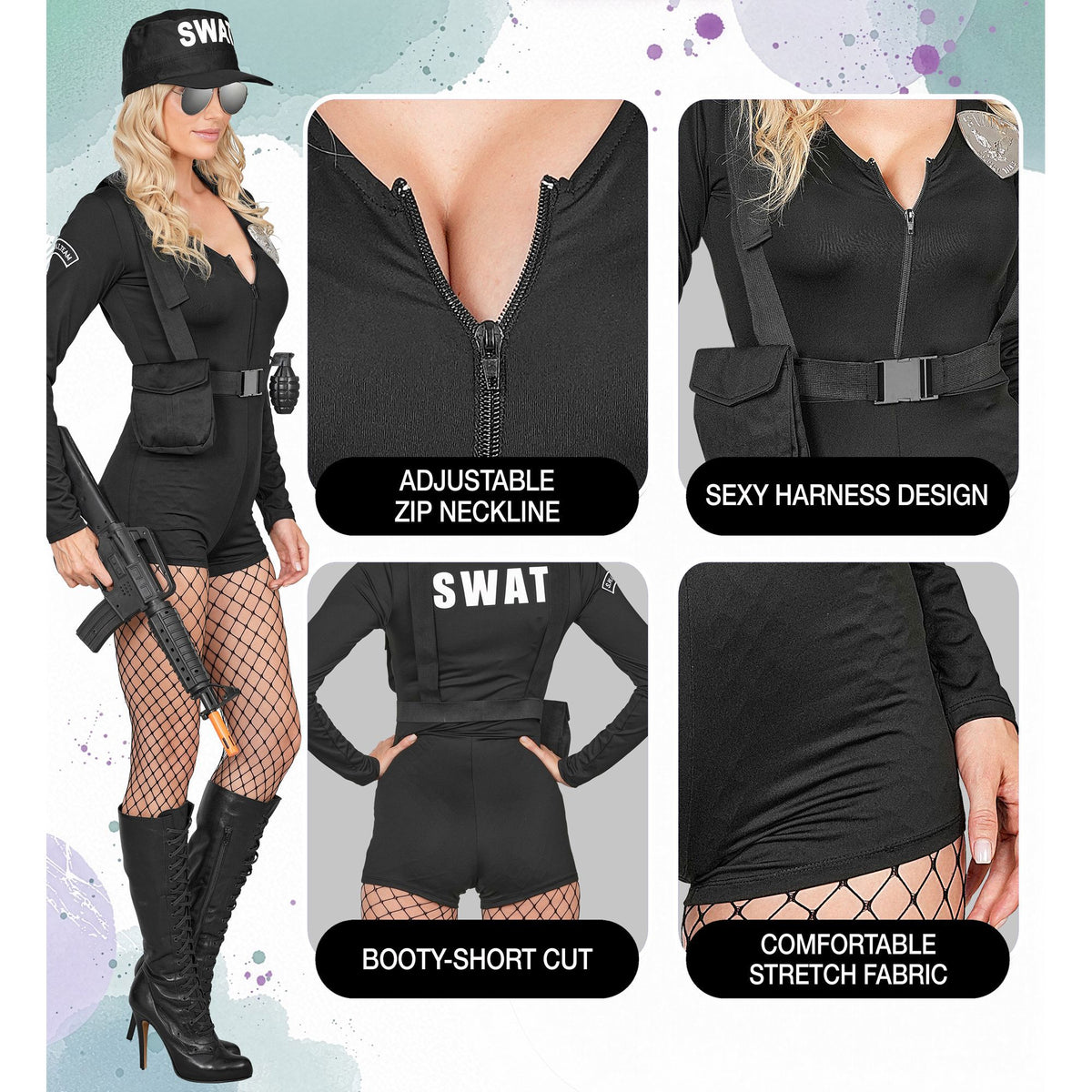 Costume S.W.A.T. Donna Nero Vestito Corto Nero Cintura Con Imbracatura Cappello e Badge Guardia