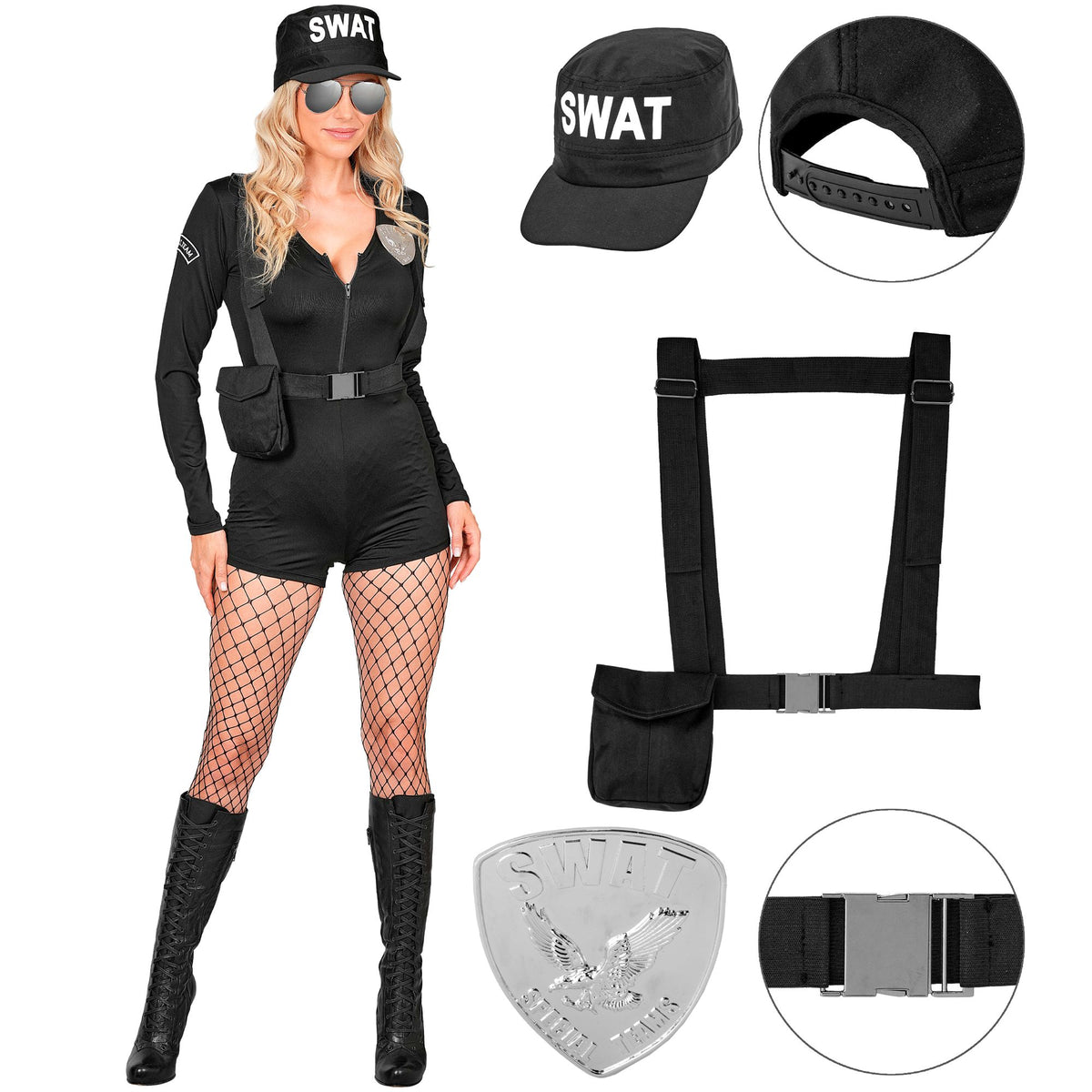 Costume S.W.A.T. Donna Nero Vestito Corto Nero Cintura Con Imbracatura Cappello e Badge Guardia