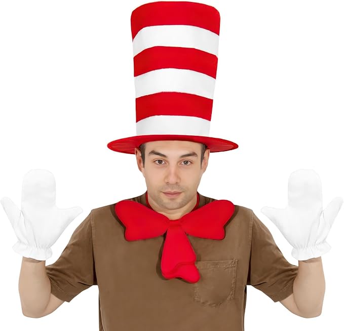 Set Gatto con il Cappello con Cappello Deluxe Fiocco Rosso e Guanti Bianchi