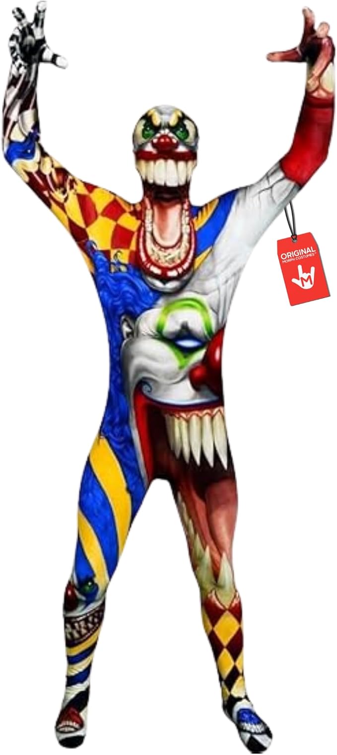 Costume Adulto Morphsuits The Clown Tuta Integrale con Cappuccio e Maschera Halloween
