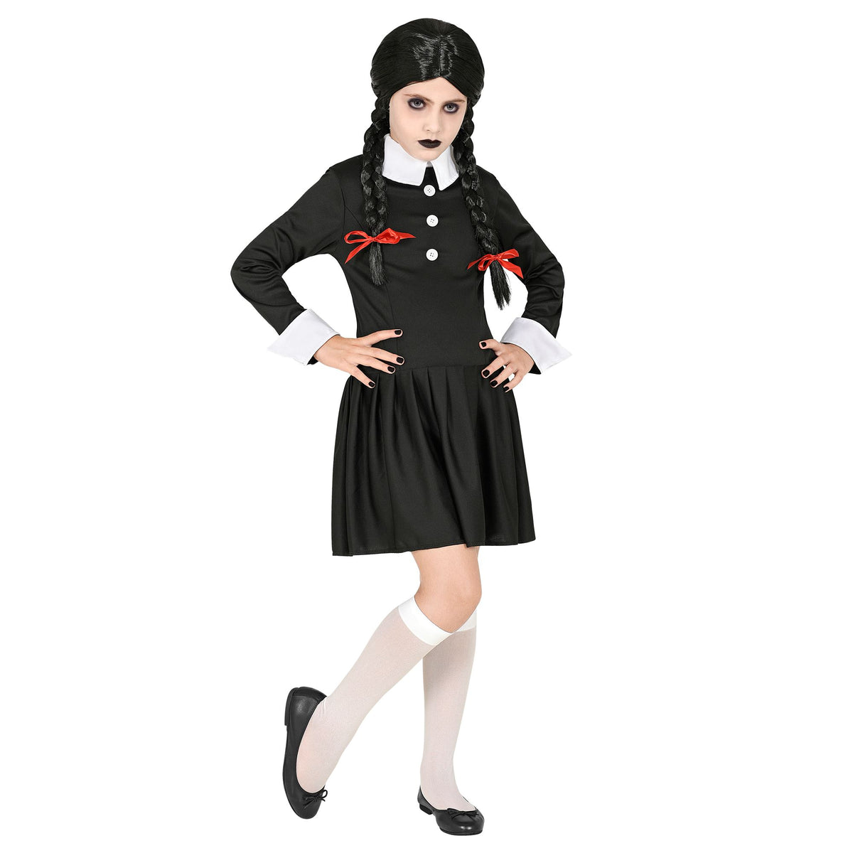 Costume Bambina Mercoledì Classica Vestito Nero Con Colletto Bianco