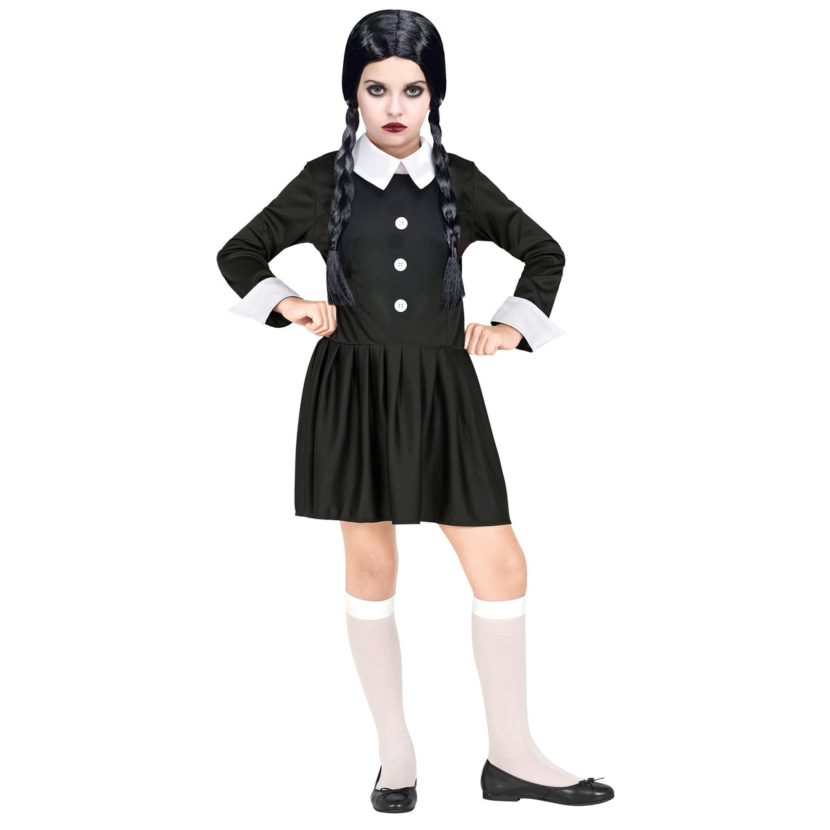 Costume Bambina Mercoledì Classica Vestito Nero Con Colletto Bianco