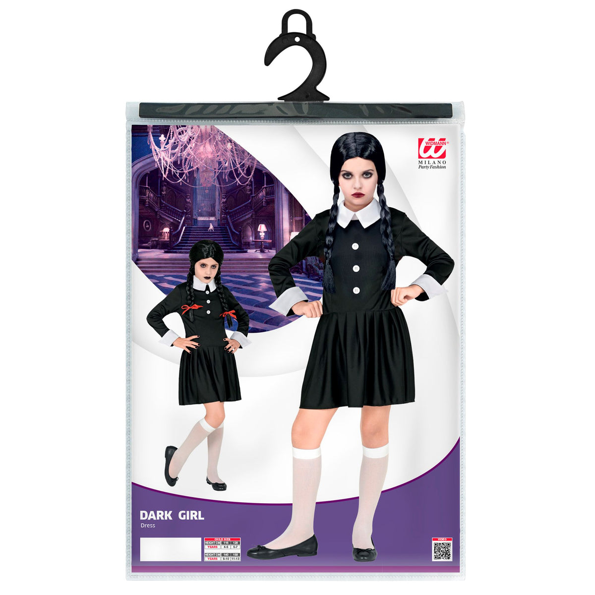 Costume Bambina Mercoledì Classica Vestito Nero Con Colletto Bianco
