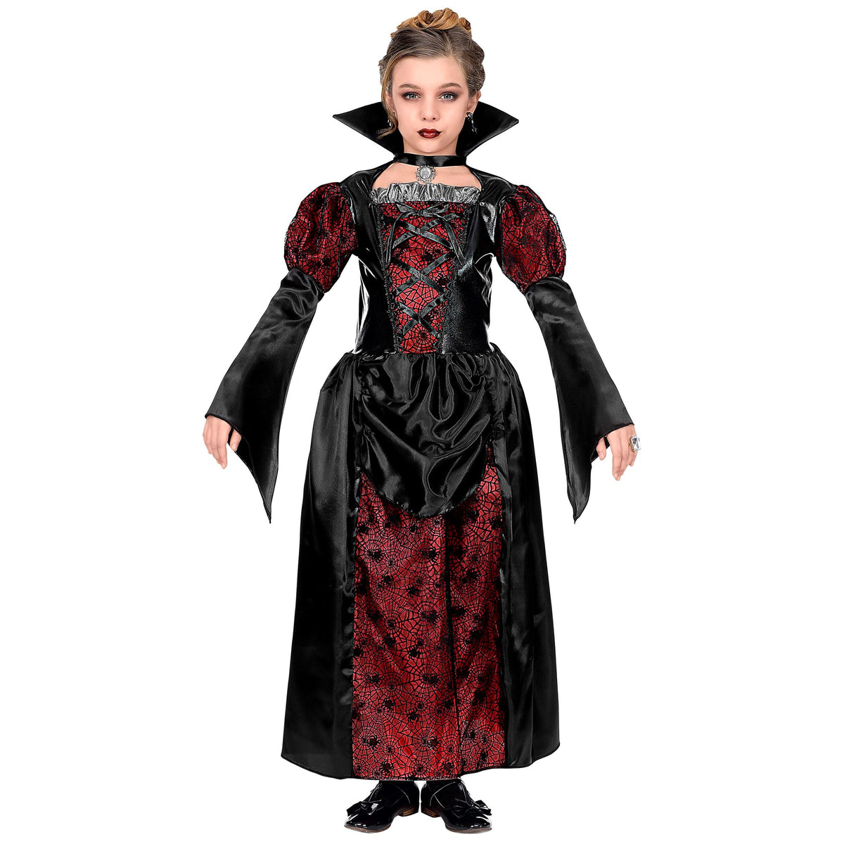 Costume Bambina Vampira Gotica Rossa Vestito con Dettagli in Nero Bambina
