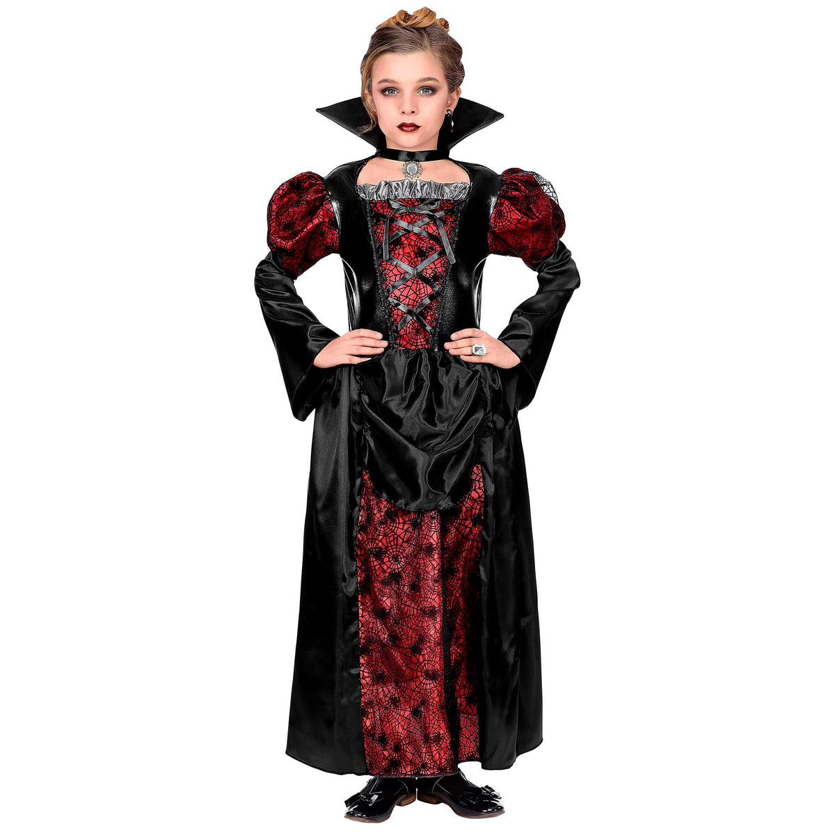 Costume Bambina Vampira Gotica Rossa Vestito con Dettagli in Nero Bambina