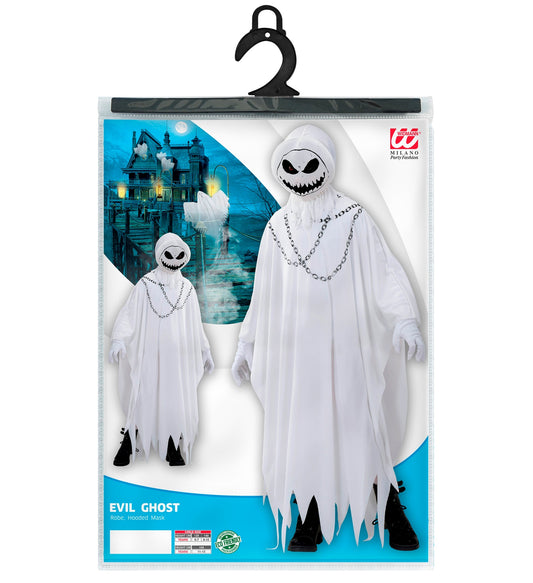 Costume Fantasma Malvagio con Tunica e Maschera con Cappuccio Bianco Horror