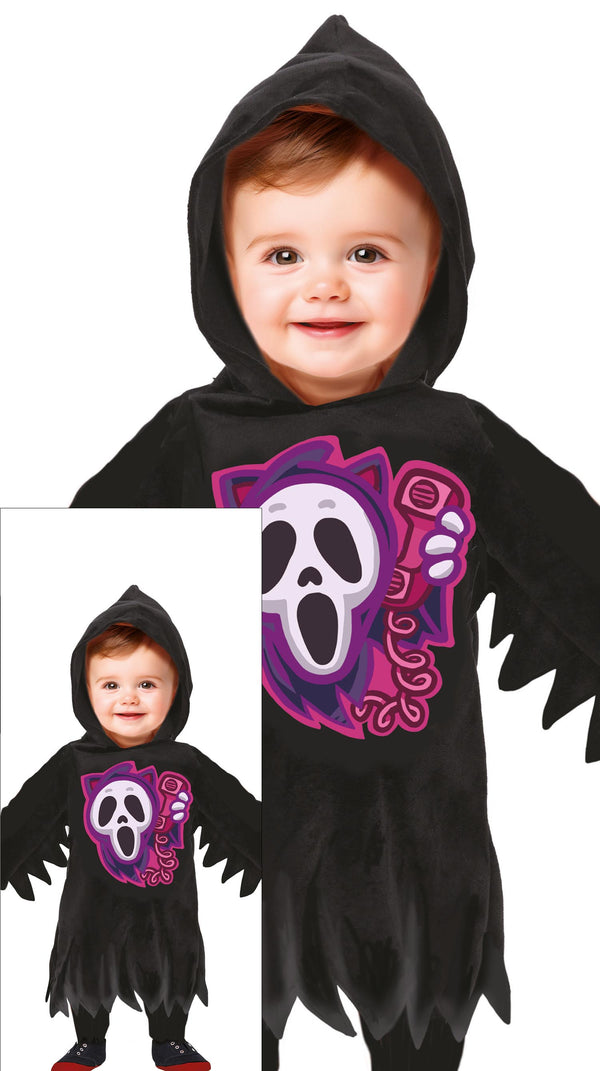 Costume Scream Neonato Tunica in Vellutino Nero con Cappuccio e Stampa Ghostface