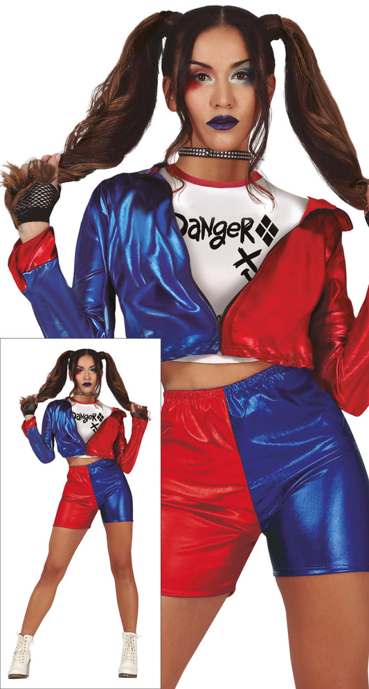 Costume Adulta Giacca Maglia e Shorts Harley Quinn Joker Batman Cattiva Halloween
