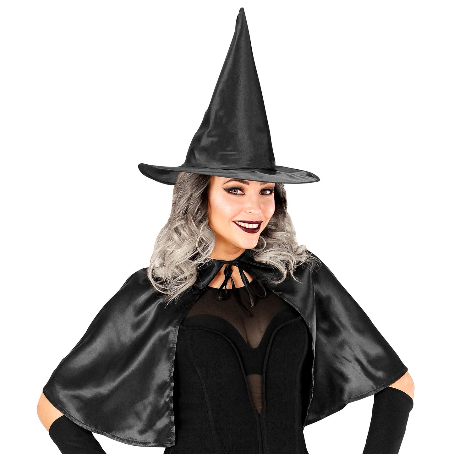 Set Strega Taglia Unica Cappello a Punta e Mantellina Raso Nero Maga Befana Horror