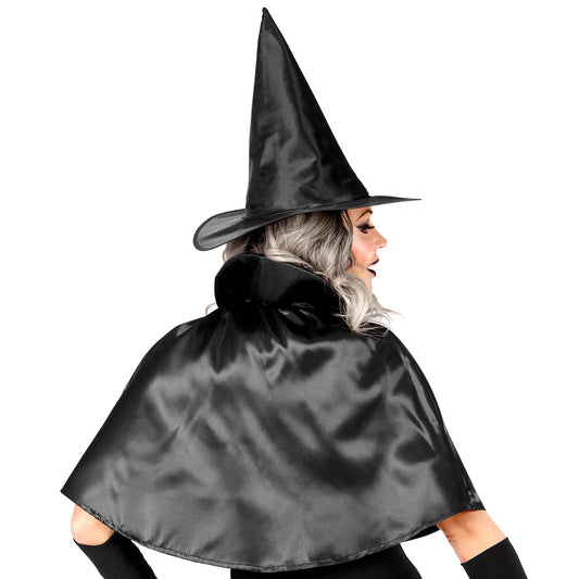 Set Strega Taglia Unica Cappello a Punta e Mantellina Raso Nero Maga Befana Horror