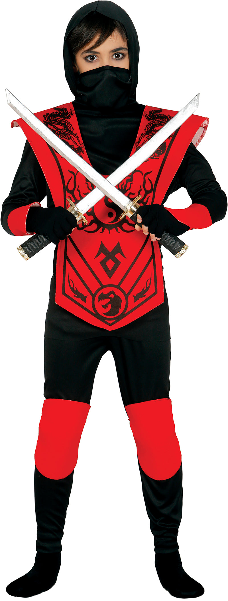 Costume Ninja Rosso con Camiseta, Capucha, Mascara, Munquera, Pantalon, Piezapecho e Rodilleras 3