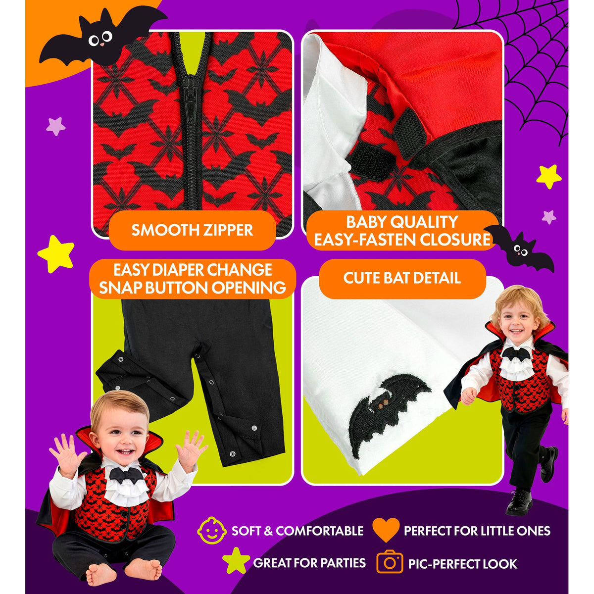 Costume Neonato Vampiro Tuta con Mantello Horror Halloween