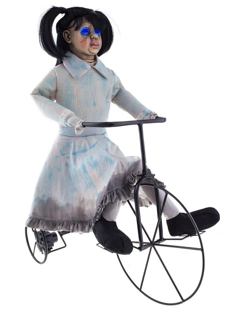 Bambina Horror su Bicicletta con Luce Suono e Movimento Animatronica alto 90cm