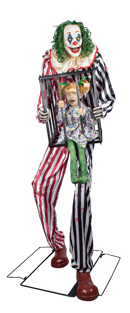 Horror Clown Circo con Bambina in Gabbia con Luce Suono e Movimento Animatronica alto 2,15m