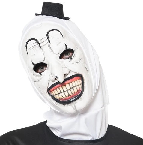 Maschera Originale Terrifier in Lattice con Cappuccio Stoffa Clown Bianco e Cappellino Nero