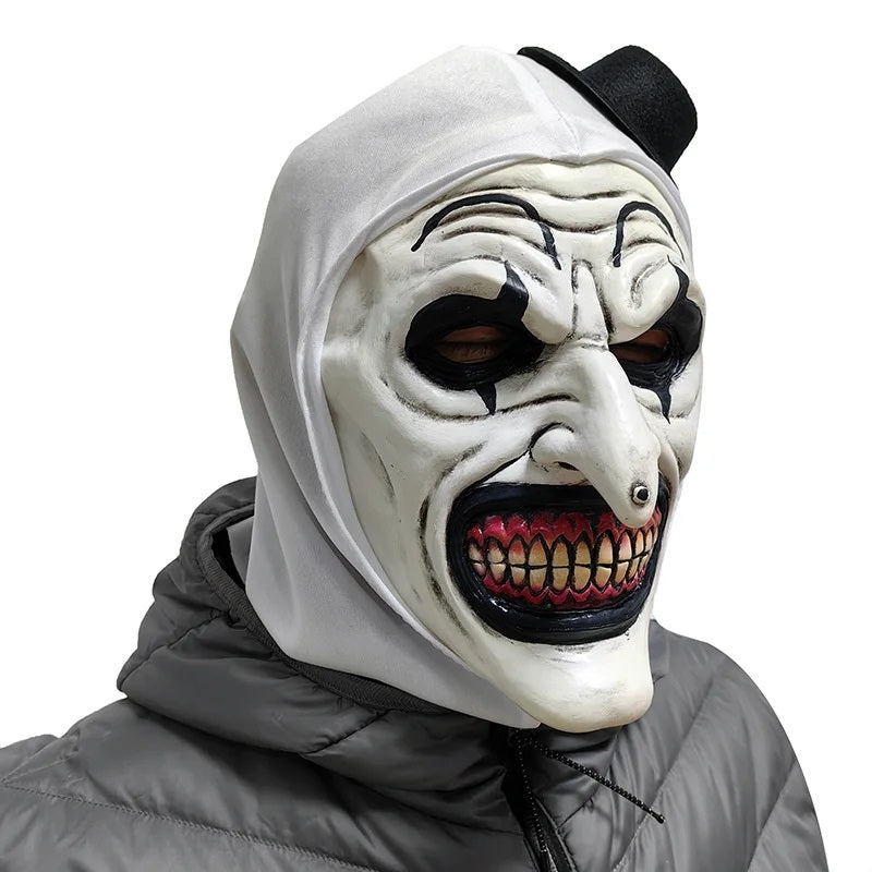 Maschera Originale Terrifier in Lattice con Cappuccio Stoffa Clown Bianco e Cappellino Nero