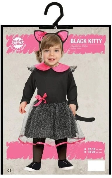 Costume Neonata Gattina Nera con Particolari in Rosa Abito e Cerchietto con Orecchie