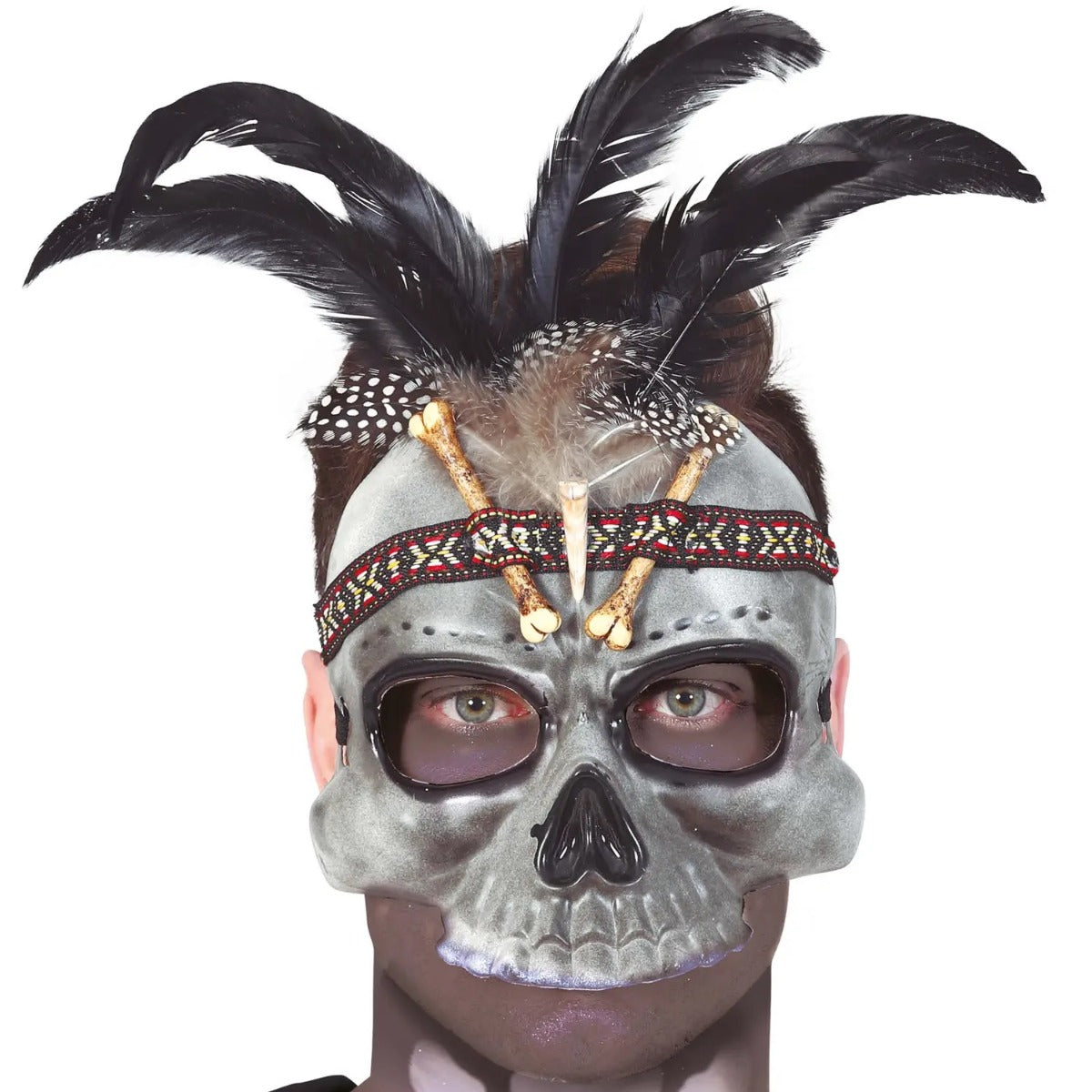 Mezza Maschera Rigida Scheletro Voodoo con Piume ed Ossa Morte Messicana mezza maschera scheletro