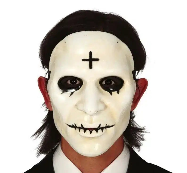 Maschera The Purge Notte del Giudizio Volto Bianco in PVC con Croce Nera in Fronte Horror