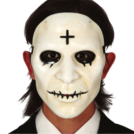 Maschera The Purge Notte del Giudizio Volto Bianco in PVC con Croce Nera in Fronte Horror