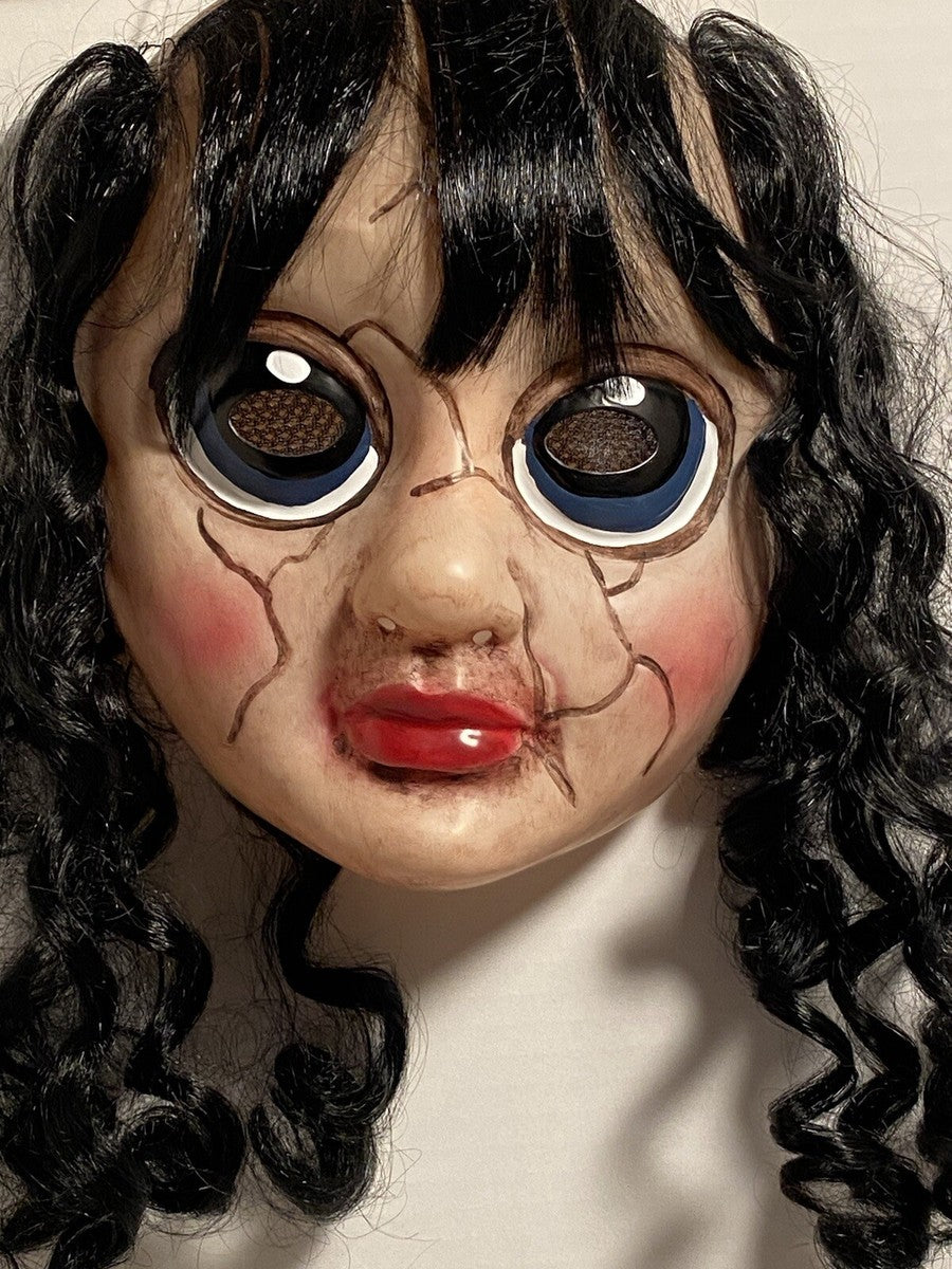 Maschera Bambola Horror Sally Triste con Capelli Neri Creepy Halloween