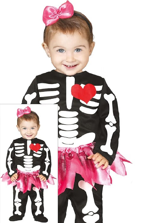 Costume Neonata Scheletro Tutone con Gonnellina e Cerchietto con Fiocco Rosa