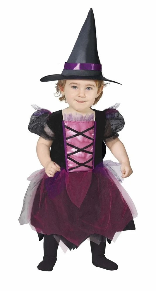 Costume Neonata Strega Rosa con Abito con Inserti in Tulle e Cappello