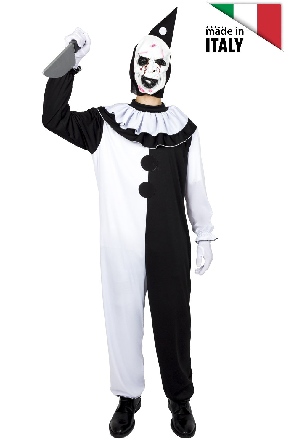 Costume Adulto Clown Malefico Art con Maschera e Cappello Tuta Pagliaccio Terrificante